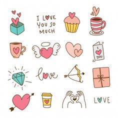 various valentine's day stickers with hearts, cupcakes and other items