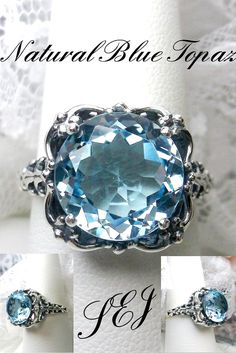 Simulated Aquamarine or Natural Sky Blue Topaz Ring  Speechless Design#103 Made To Order Upgrade your jewelry collection with this mesmerizing Natural Blue Topaz Ring in sterling silver. The gorgeous Victorian filigree design is sure to make a statement. This custom-made ring features a 6ct round Sim Aquamarine gemstone, or for a more natural look, opt for the Sky Blue Topaz (see last picture in set). Both options are flawless and beautifully complement the intricate silver filigree setting and Luxury Silver Topaz Ring In Dazzling Style, Luxury Heirloom Topaz Ring With Intricate Design, Exquisite Topaz Ring With Gemstone Accents As Gift, Fine Jewelry With Vs Clarity Blue Topaz, Fine Jewelry With Blue Topaz And Vs Clarity, Exquisite Blue Topaz Jewelry, Exquisite Blue Topaz Jewelry In Blue, Round Topaz Gemstones With Prong Setting, Formal Aquamarine Topaz Birthstone Ring