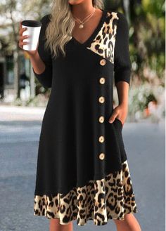 Color:Black;Size:S;Size:M;Size:L;Size:XL;Size:XXL;Package Contents:1 X Dress;Occasion:Other;Style:Casual; A Line V Neck Dress, Elegant Dresses Plus Size, Fall Outfit Inspiration, Leopard Black, Dress Occasion, Outfit Inspiration Fall, Black Swimwear, Outfit Combinations, Plus Size Swimwear