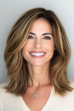 Woman Haircut Thick Hair, Highlights Brown Hair Layered Hair, Middle Age Mom Haircuts, Face Flattering Haircut, Mid Length Hair All One Length, Good Haircuts For Thinning Hair Women, Longer Hair Over 50, Womens Hairstyles For Thick Hair, Medium Length For Thick Hair