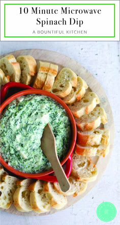 a bowl of spinach dip surrounded by bread