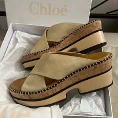 Brand New In Box With Dust Bags. Sizes Available Still: 40 And 41 Only! Chloe Genuine Suede Beige Mule Heels Adorable Clog Style Heels Color (Biscotti Beige) Goes With Tons Of Outfits! Love The Boho Flare Beige Sandals With Suede Lining And Round Toe, Designer Beige Platform Sandals, Beige Leather Wedge Heel Mules, Beige Leather Mules With Wedge Heel, Luxury Beige Leather Wedge Sandals, Beige Mules, Clog Style, Mule Heels, Clogs Style