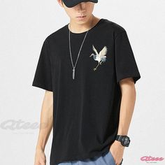 Qteee - Timeless Crane Embroidery Relaxed-fit T-Shirt with a Vintage Touch Black Embroidered Crew Neck Top, Black Floral Embroidery Crew Neck T-shirt, Black Embroidered T-shirt For Summer, Embroidered Crew Neck T-shirt For Streetwear, Casual Embroidered Crew Neck Top, Casual Floral Embroidery Short Sleeve T-shirt, Casual Crew Neck Top With Embroidered Graphics, Embroidered Streetwear T-shirt For Spring, Embroidered T-shirt For Spring Streetwear