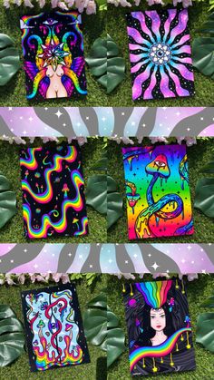 four different paintings on the ground with plants and flowers in front of them, one is colorful