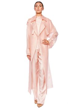 LAPOINTE Silk Organza Double Breasted Trench Coat Spring Party Outerwear With Belted Cuffs, Spring Evening Outerwear With Belted Cuffs, Spring Silk Pink Outerwear, Elegant Pink Daywear Outerwear, Chic Silk Outerwear For Summer, Elegant Pink Silk Outerwear, Long Silk Outerwear For Spring, Elegant Pink Summer Outerwear, Double Breasted Trench Coat