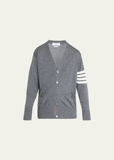 Thom Browne Men's 4-Bar Wool Cardigan Sweater - Bergdorf Goodman Luxury Merino Wool Cardigan With Buttons, Luxury Men's Cardigan With Button Closure, Thom Browne Cardigan, Luxury Single-breasted Men's Cardigan, Luxury Merino Wool V-neck Cardigan, Knitwear Men, Wool Cardigan, Knitwear Cardigan, Thom Browne