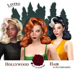 three beautiful women standing next to each other in front of a cityscape with the words hollywood hair and accessories on it