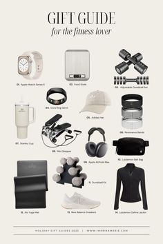 the gift guide for the fitness lover is shown in black and white, with accessories