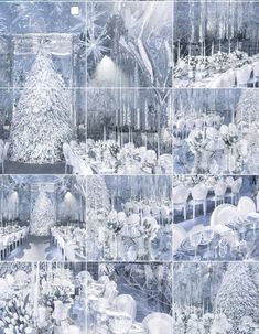 a collage of photos with snow covered trees and ice - covered buildings in the background