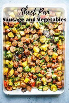 sheet pan sausage and vegetables with text overlay