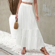 Lasaky - Solid Color Beach Wrap Skirt with Ruffle Hem Ruffle Long Skirt, Beach Wrap Skirt, Rok Outfit, White Pleated Skirt, Maxi Rok, Flounce Skirt, High Waisted Maxi Skirt, Pleated Long Skirt, Lotus Leaf