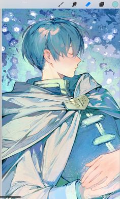 an anime character with blue hair and a cape over his shoulder, looking to the side