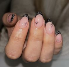 Nye Nails Short Black, Black Sparkly Nail Ideas, Black Glitter Tips, New Years Nails Black, Black New Years Nails, Black French Tip Nails With Design, Elegant Almond Nails, Trendy Winter Nails, Cute Almond Nails