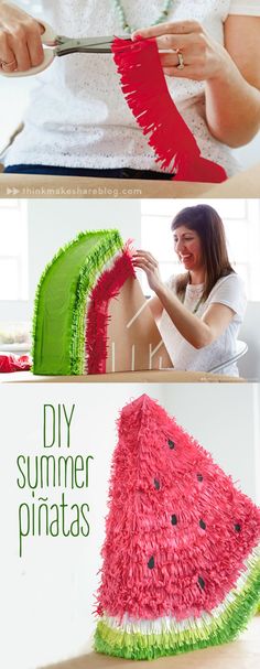 two pictures showing how to make a watermelon pinata with the words diy summer pinatas on it