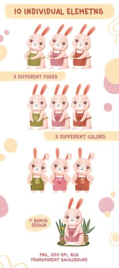 the instructions for how to draw rabbits in different poses and colors, including pinks, green