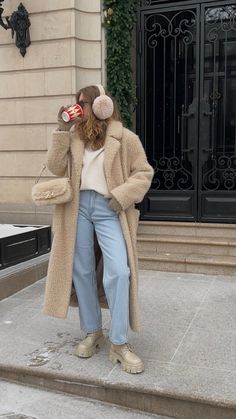 Earmuffs And Sunglasses, Light Color Winter Outfits, Winter Outfits With Earmuffs, Fuzzy Earmuffs Outfit, Outfits With Earmuffs, Fluffy Winter Outfits, Eat Muffs Outfit, Winter Outfits Earmuffs, Prada Combat Boots Outfit