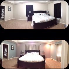 two pictures of a bedroom with carpet and furniture