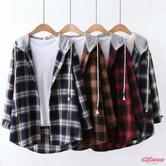 Qteee - Classic Checkered Hooded Shirt with Stylish Tartan Hoodie Plaid Hoodie, Plaid Shirts, Outwear Women, Hoodie Coat, Hooded Shirt, Plaid Jacket, Girls Fashion Clothes, Teen Fashion Outfits, Teen Fashion