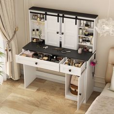 a white desk with drawers and shelves filled with personal care items on top of it