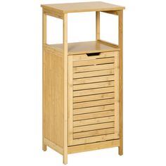 a wooden storage cabinet with drawers on the top and bottom shelf, in front of a white background