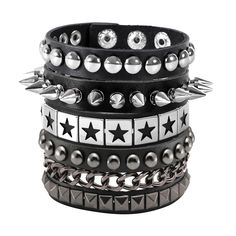 PRICES MAY VARY. Spike Bracelet Set: 4 Pcs Spike cuffs for you, this sophisticated silver color studded bracelet set is sure to fit. Enjoy, look cool, stylish, and be free! Size Details: Adjustable length from 7 inch to 8. 5";You can adjust the size by changing the snap button place. Handmade Leather Bracelet: All the metal spike are carefully selected, manually installed and manufactured, sturdy and durable without worrying about quality issues. Don't need to worry about the quality issues. Got Scene Bracelets, Emo Accessories, Masculine Jewelry, Studded Bracelet, Spike Bracelet, Metal Spikes, Punk Accessories, Handmade Leather Bracelets, Emo Outfits