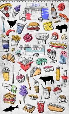 a drawing of different types of food and drinks