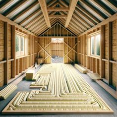 an unfinished room with wooden walls and beams