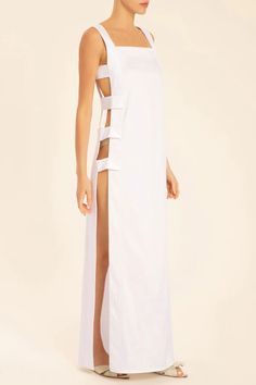 Solid Long Dress With Open Sides Beachwear Maxi Dress With Side Slits For Beach Cover-up, Backless Maxi Dress With Split Design For Beach, Backless Beach Maxi Dress With Split Design, Fitted Maxi Dress With Side Slits For Beach, White Beach Dresses With Side Slits, White Beach Dress With Side Slits, Party Dress With Side Slits For Beach Season, Asymmetrical Cutout Maxi Dress For Summer, Summer Beach Asymmetrical Maxi Dress