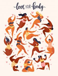 various women in swimsuits with hearts around them and the words love your body