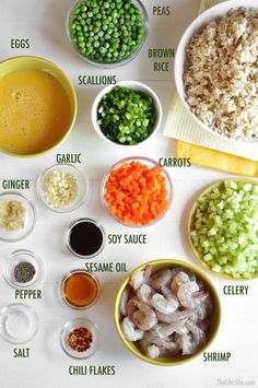 the ingredients for this meal include peas, carrots, rice, and other vegetables