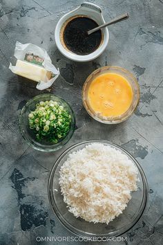 rice, sauce and other ingredients on a table