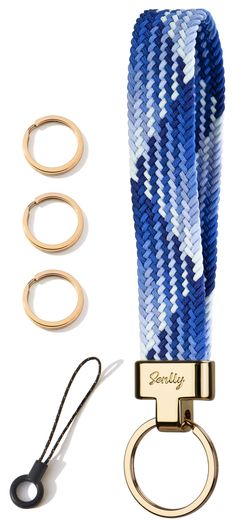 a blue and white lanyard with two gold rings next to the lanyard strap