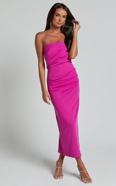 Calanthe Midi Dress - Strapless Tuck Detail Dress in Orchid | Showpo USA Fitted Strapless Pre-draped Maxi Dress, Pre-draped Strapless Midi Dress For Formal Occasions, Strapless Dress With Straight Neckline For Prom, Pre-draped Ruched Strapless Dress For Party, Chic Bandeau Prom Dress, Pre-draped Strapless Dress With Sweetheart Neckline For Cocktail, Pink Strapless Dress With Straight Neckline For Formal Occasions, Dressy Strapless Ruched Dress, Evening Bandeau Maxi Dress With Ruched Bodice