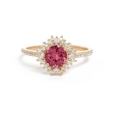 Direct Manufacturer/Pink Tourmaline Ring/Ethical Engagement Ring/October Birthstone/Gift for Her/Natural Gemstone/Halo Diamond/Cluster Ring CUSTOM/DUTY-FREE SHIPPING WORLDWIDE, BUYERS DON'T HAVE TO PAY ANY CUSTOM FEES WHILE IMPORTING Details Made to order Material: 14k/18k gold Color Options: Yellow Gold, White Gold, Rose Gold ★ Center Stone Pink Tourmaline, Round Size: 6 mm Approx Weight (Ct): 0.86 ★ Accent Stones Diamond Round Size: 1.5 mm * 4 Nos, 1.2* 20 Nos. Approx Weight (Ct): 0.172 ★ Band Pink Ruby Ring With Halo Design, Pink Ruby Halo Ring Perfect For Gift, Pink Ruby Ring With Halo For Gift, Gift Pink Ruby Halo Ring, Gift Pink Halo Ruby Ring, Pink Cluster Ring With Gemstone, Pink Cluster Gemstone Ring, Pink Cluster Jewelry With Center Stone, Pink Gemstone Cluster Ring