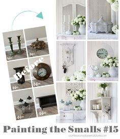 a collage of photos with white flowers and vases on the shelves, including a clock