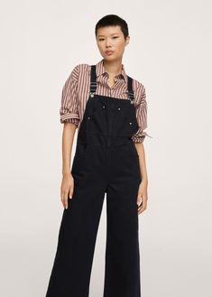 Wide-leg denim dungarees - Women | Mango United Kingdom Skirt Dungarees Outfit, Wide Leg Denim Outfit, Dungarees Outfit, Belted Long Dress, Oversized Striped Shirt, Short Shirt Dress