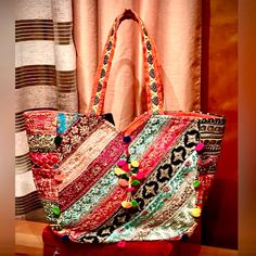 This Is A Beautiful And One Of A Kind Summer Large Size Boho Tote. A True Show Stopper. With One Large Zippered Compartment And Two Pockets In It. It Is Well Structured So This Bag Keeps Its Shape Nicely. Can Be Worn To The Beach, And Is Perfect For Your Day-To-Day Use. Has A Lot Of Beautiful Decorative Eye-Catching Details. All Handmade In India For Italian Brand. It Is Gorgeous! Nike Tote Bags, Duck Bag, Green Tote Bag, Boho Tote, Straw Beach Bag, White Shoulder Bag, Green Tote, Blue Tote Bag, Bohemian Summer