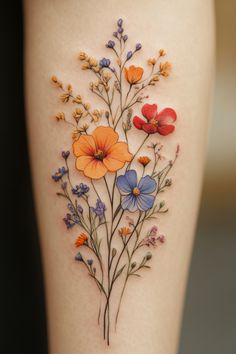 Colorful wildflower tattoo on forearm with red, blue, and orange blossoms. Roses And Wildflowers Tattoo, Flower Tattoos For Women Color, Wildflower Garden Tattoo, Prairie Flower Tattoo, Flowers That Represent Strength, Spring Flowers Tattoo, Sunflower And Wildflower Tattoo, Flower Growing Tattoo, Primrose Tattoo Flower