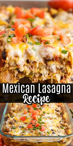 mexican lasagna casserole with cheese and tomatoes