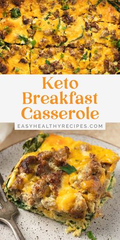 keto breakfast casserole on a plate with a fork and serving utensils