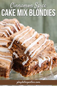 cinnamon spice cake mix blondies on a glass plate with the words, cinnamon spice cake mix blondies