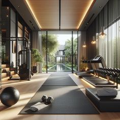 an exercise room with treadmills and yoga mats