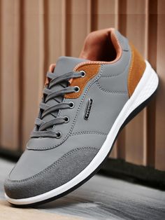 Grey  Collar   Colorblock Running Shoes Embellished   Men Shoes Transfer Bca, Men Shoes Formal, Casual Sport Shoes, Mens Shoes Boots, Sneakers Grey, Classic Sneakers, Running Sneakers, Lace Up Shoes, Mens Casual Shoes