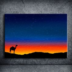 a painting of a camel in the desert at sunset