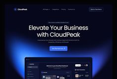 the cloudpeak website is displayed on a laptop screen with dark blue lighting behind it