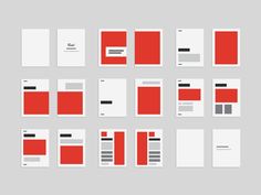 red and white brochures are arranged on a gray background, with black lines