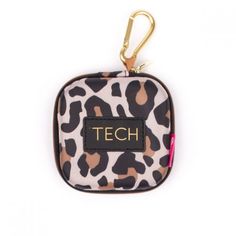 an animal print coin purse with the word tech on it's front and side