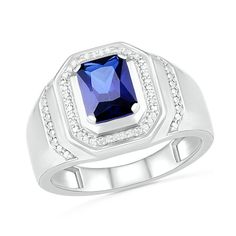 This men's 8.0 x 6.0mm emerald-cut lab-created blue sapphire and 1/10 ct. t.w. round diamond octagon-shaped framed and collared beveled edge shank ring is set in sterling silver. Custom-made to fit his ring size. Sterling silver rings cannot be resized after purchase. Modern Sapphire Ring With Diamond Accents, Modern Sapphire Ring With Rectangular Shape, Formal Sterling Silver Signet Ring With Diamond Accents, Rectangular Sapphire Ring In Sterling Silver, Modern Sapphire Ring With Diamond Accents As A Gift, Modern Sterling Silver Jewelry With Emerald Cut, Modern White Gold Jewelry With Halo Setting, Modern White Gold Octagon Ring, Blue Octagon Rings With Diamond Accents