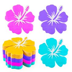 four different colored flower shaped coasters with toothbrushes in each one on top