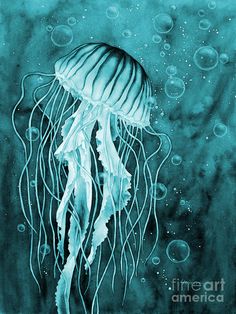 a painting of a jellyfish in blue water